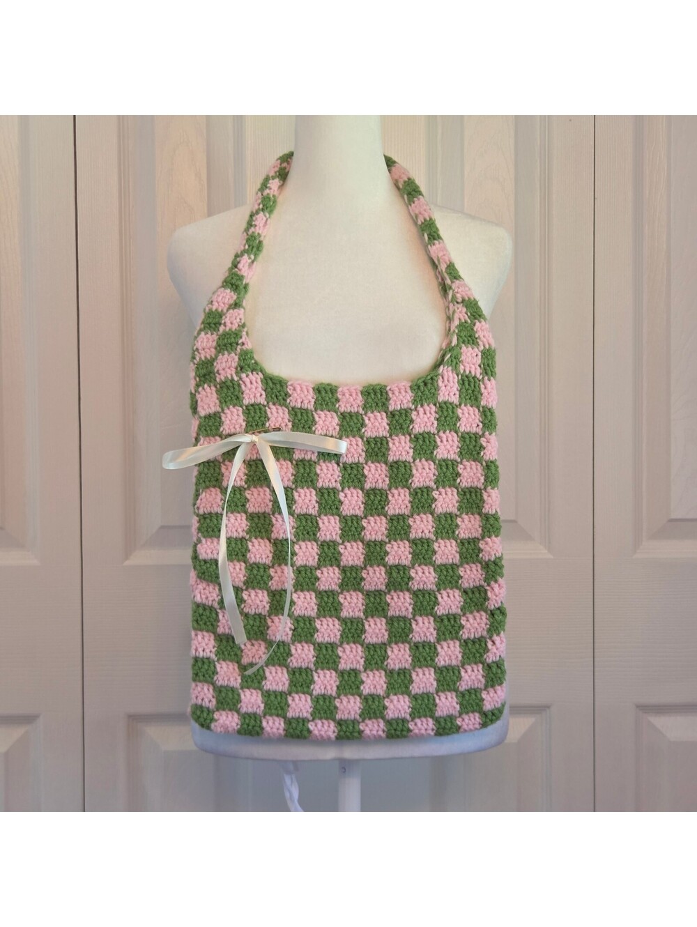 Handmade Green and Pink Checkered Crochet Tote Bag Retro Strawberry Matcha Indie